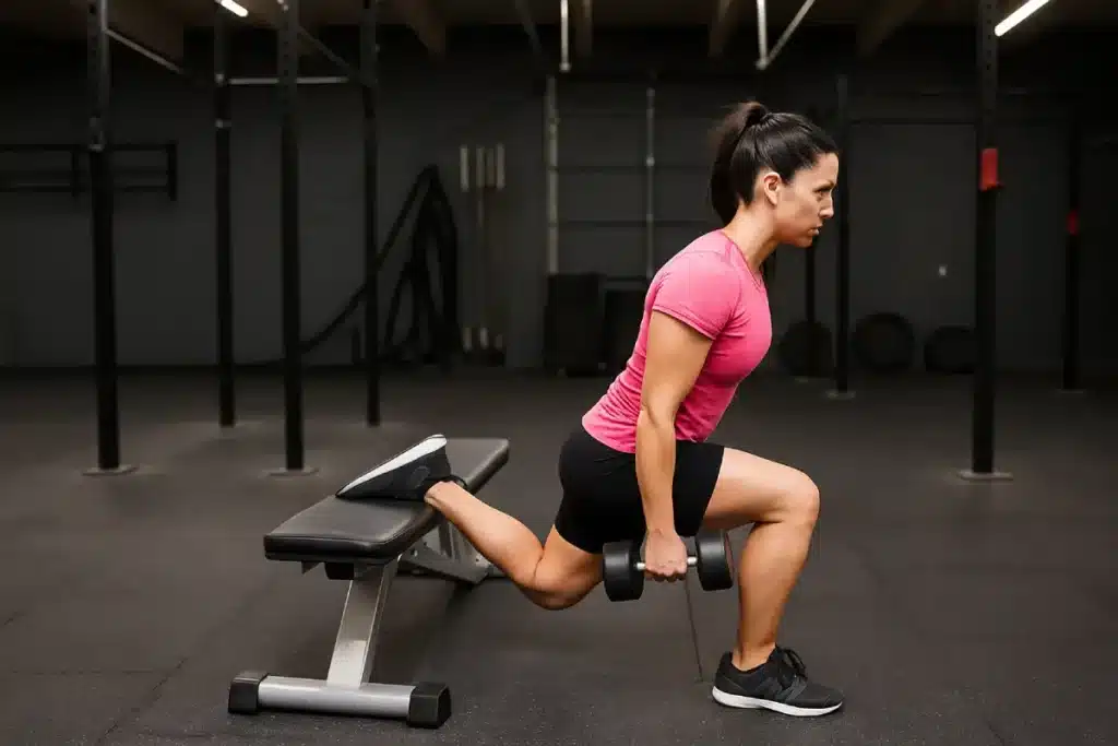 Woman performing Bulgarian split squat with dumbbells to build leg strength, balance, and stability.