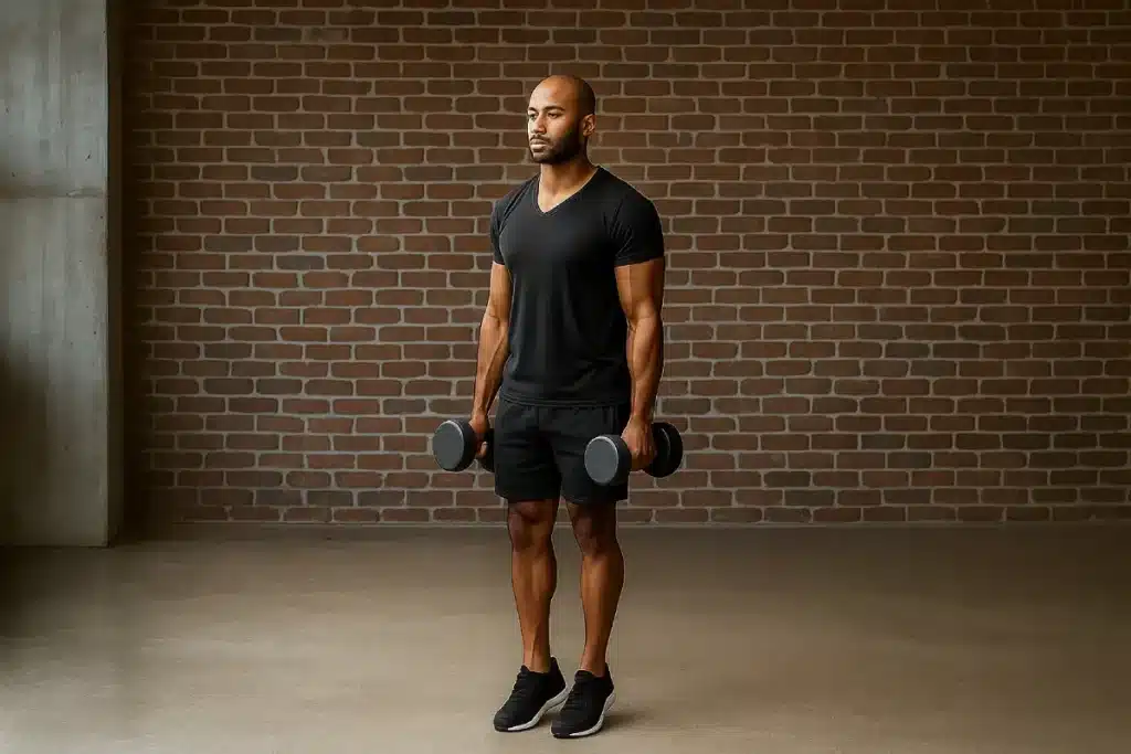 Man performing standing calf raises with dumbbells to strengthen lower legs.