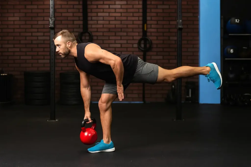 Man performing a single-leg deadlift with a kettlebell to improve balance, strength, and stability.