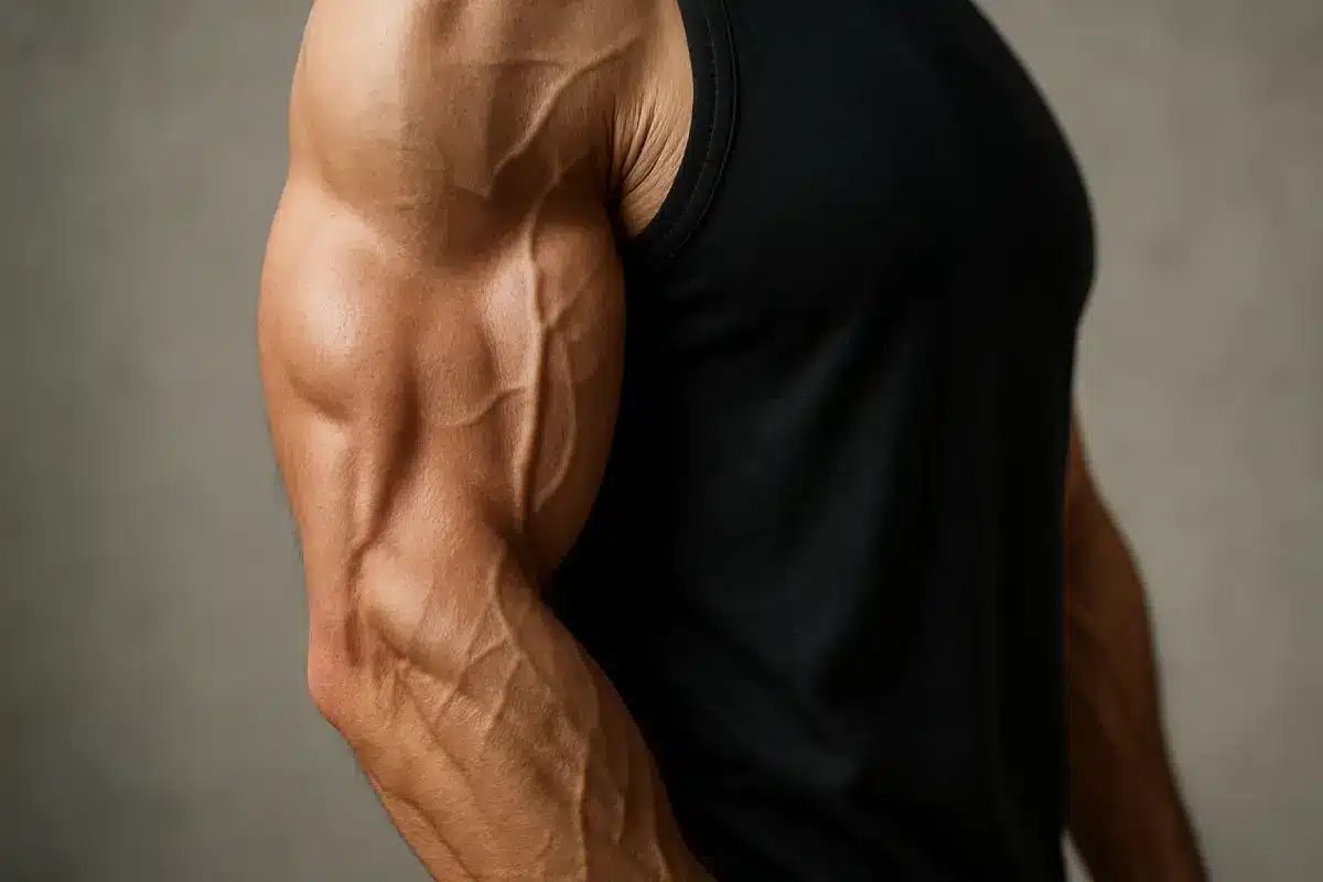 Close-up of a muscular male arm highlighting defined triceps in a black sleeveless shirt, ideal for illustrating triceps exercises.