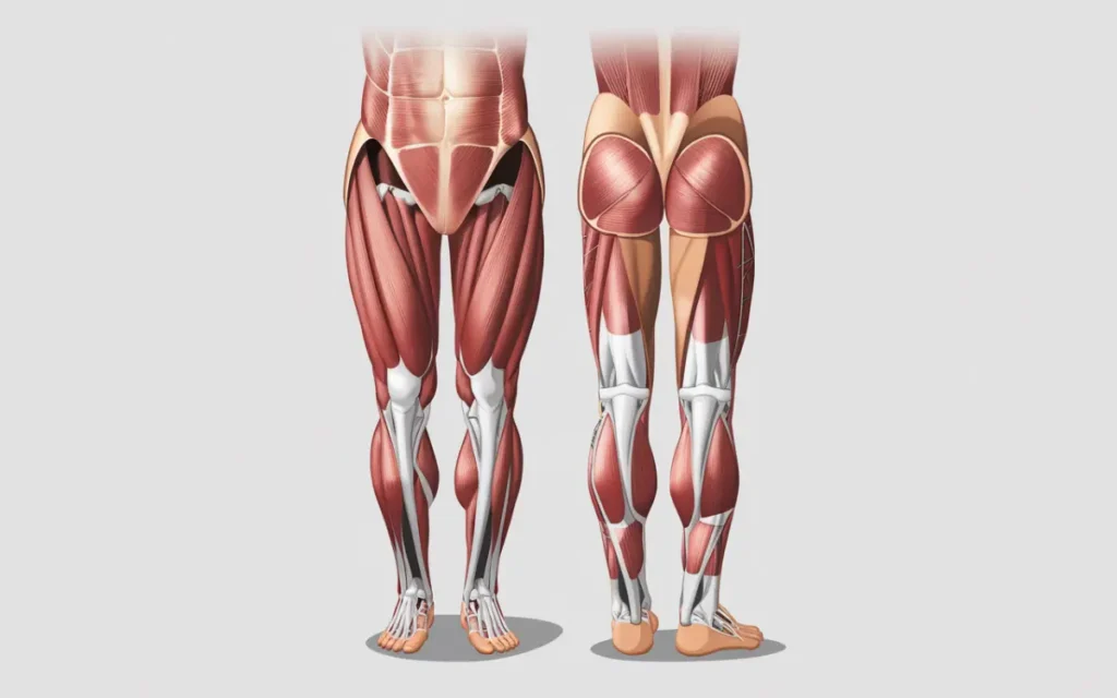 Front and back anatomical illustration of human leg muscles showing major muscle groups in detail.