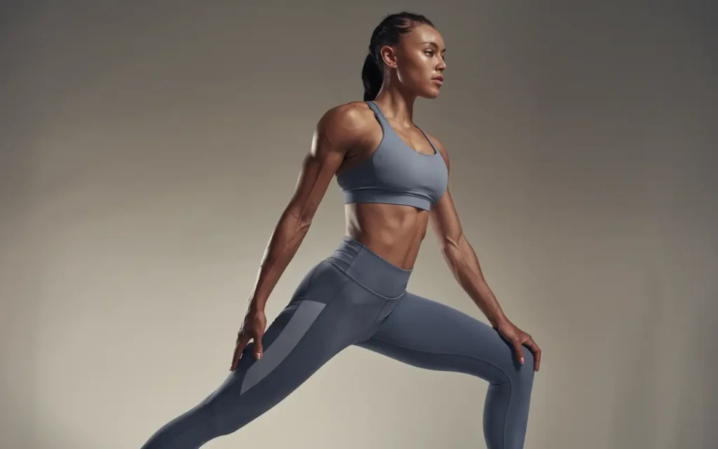 Female athlete posing to highlight defined leg muscles, showcasing strength and muscle tone in a studio setting.