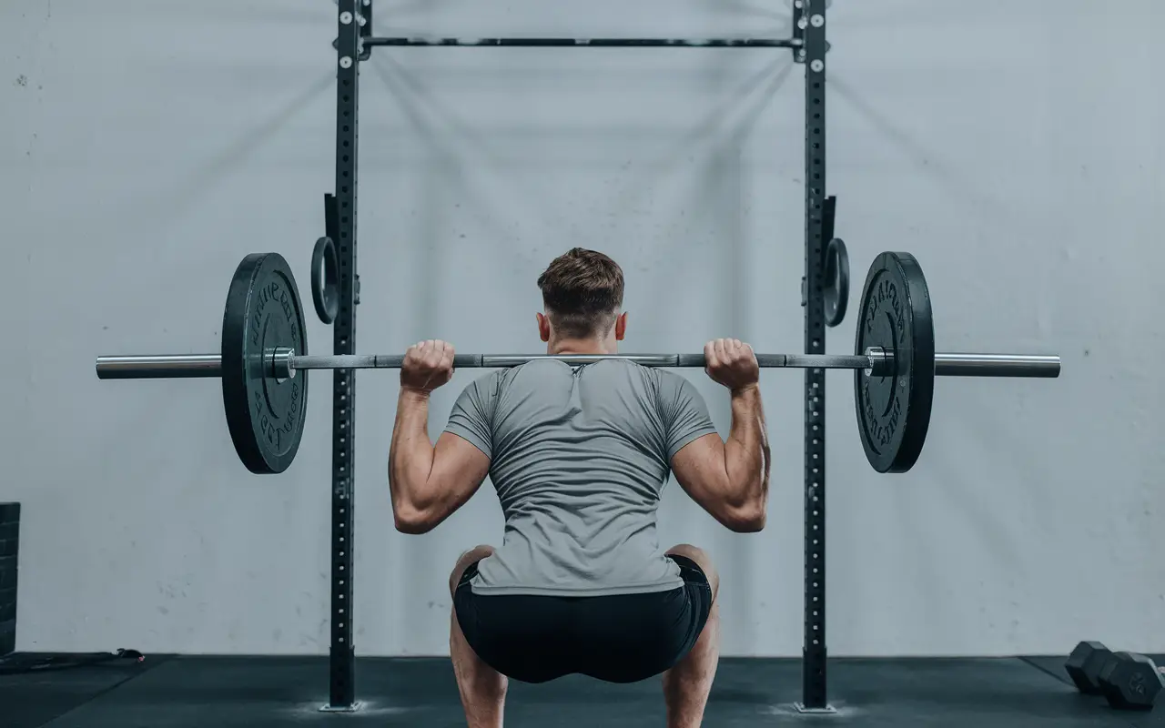 Man performing a barbell back squat in a gym, emphasizing lower body strength and proper squat form.