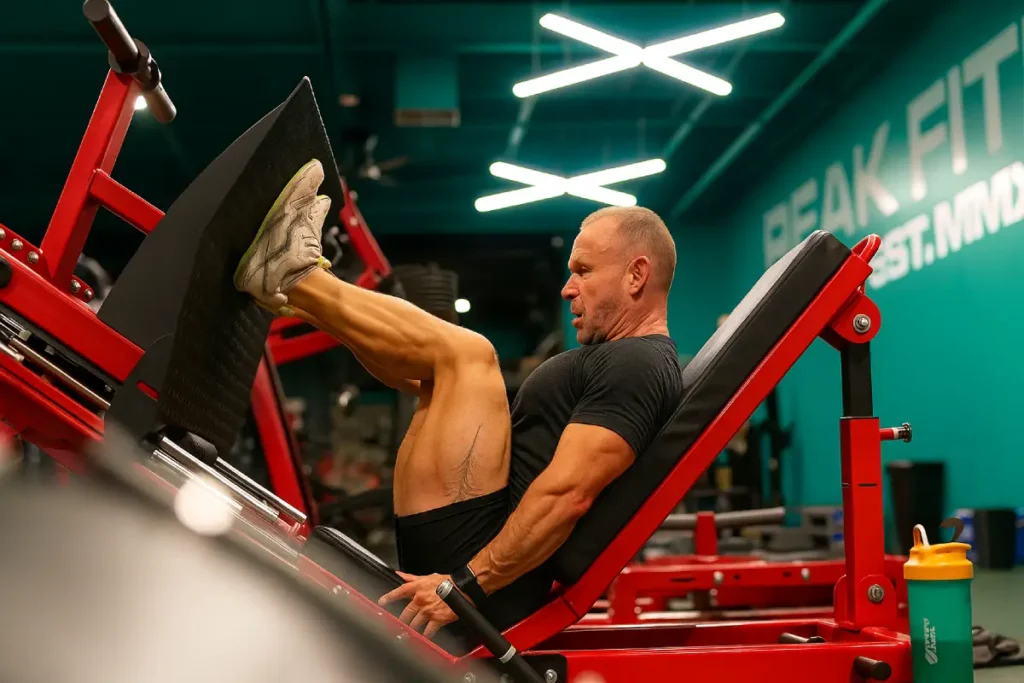 Older man using leg press machine in a brightly lit gym