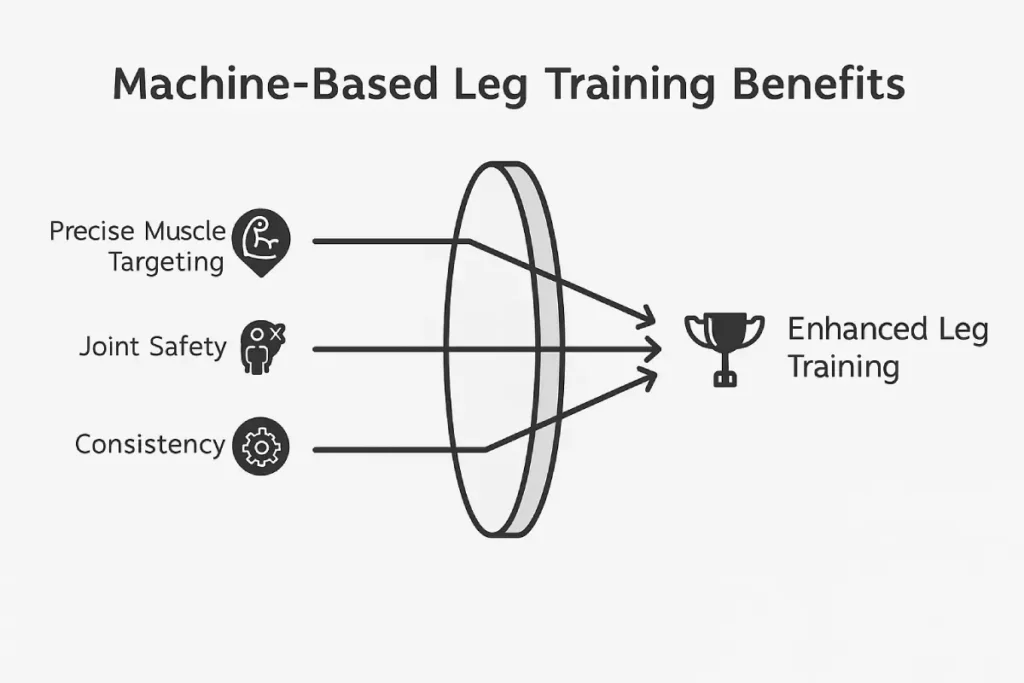 Infographic showing the benefits of machine-based leg training including precise muscle targeting, joint safety, and consistency, leading to enhanced leg training.