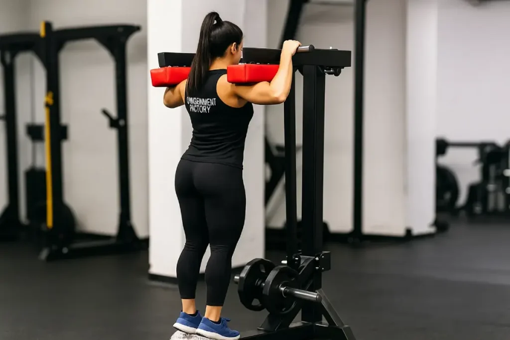 Woman performing standing calf raises on a machine to strengthen lower legs