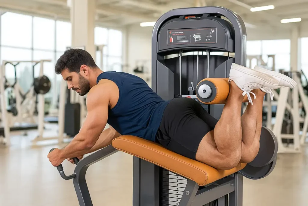 Man performing lying leg curls on a machine to strengthen his hamstrings