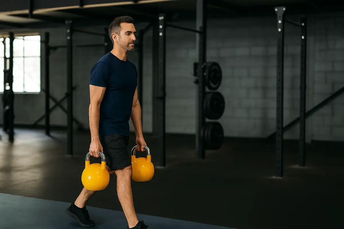 Man performing a farmer’s walk with kettlebells, a core exercise in functional fitness for strength and stability.