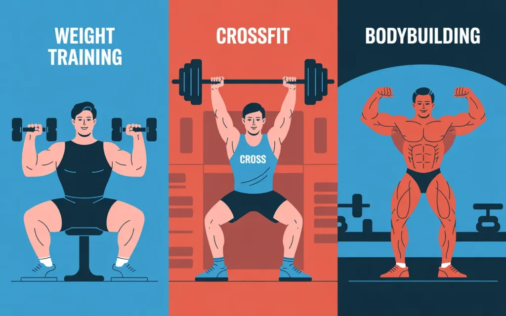 Illustration comparing weight training, CrossFit, and bodybuilding with athletes demonstrating each style of exercise