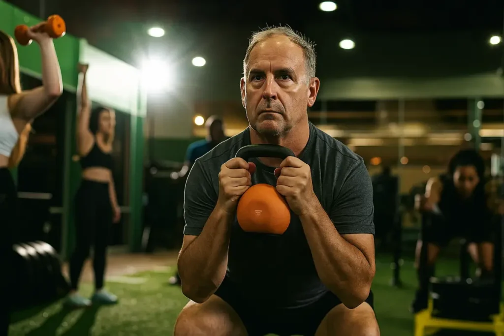 Man performing a kettlebell squat in a gym as part of a functional fitness workout.