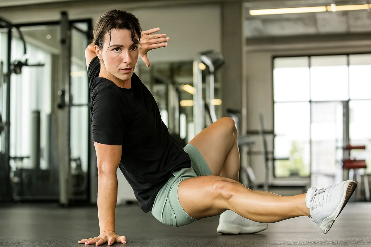 Person performing an Animal Flow Side Kick Through exercise on the gym floor, showcasing strength, mobility, and coordination.